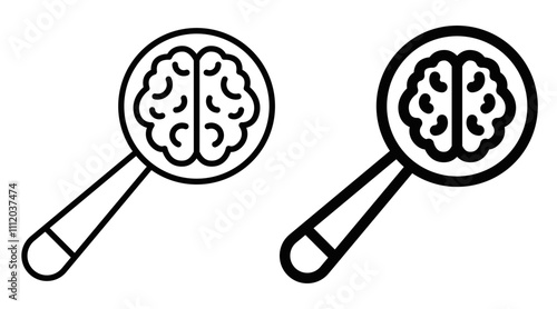 Outline icon of a brain inside a magnifying glass. Editable stroke.