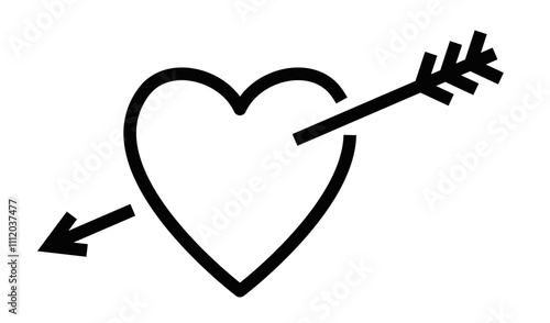 Outline heart pierced with an arrow and directional line. Editable stroke.