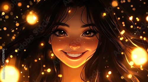 Bright beauty: smiling cartoon girl with shining eyes amidst magical colorful lights