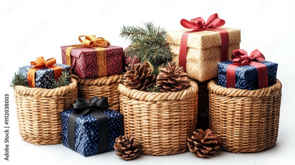 Woven Baskets with Tiny Wrapped Presents. Generative AI Woven Baskets with Tiny Wrapped Presents. Generative AI