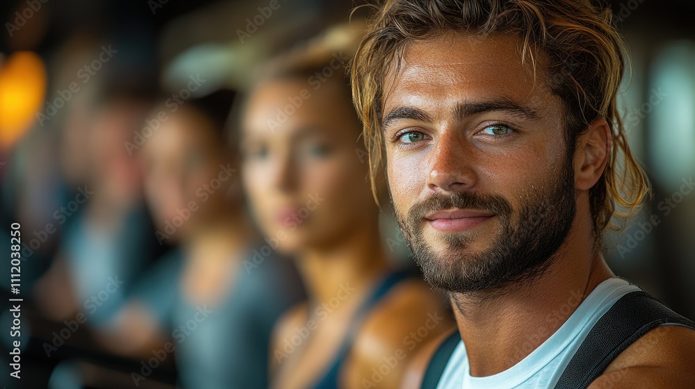 Handsome man with blond hair and beard, looking at the camera, with blurred women in the background at the gym. Handsome man with blond hair and beard, looking at the camera, with blurred women in the background at the gym.