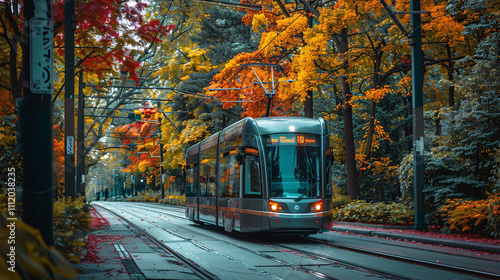 A modern, tram travels down an urban street surrounded by lush trees, bathed in the warm, golden light of a sunset