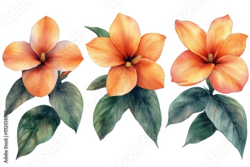 Wallpaper Mural Three vibrant orange flowers with green leaves in a watercolor style. Torontodigital.ca