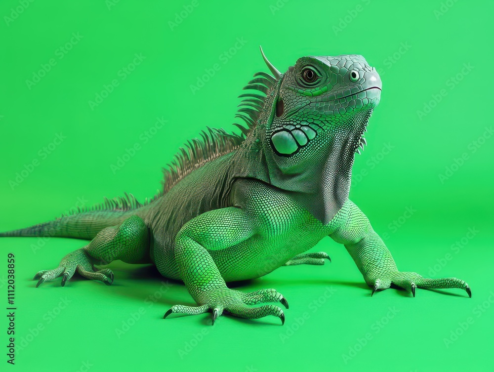 Obraz premium Exotic iguana sunbathing on a vivid green background, tropical reptile essence
