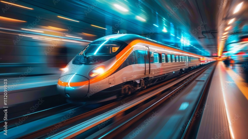 A speeding train in a blue lit tunnel with motion blur, AI generative. . A speeding train in a blue lit tunnel with motion blur, AI generative. .