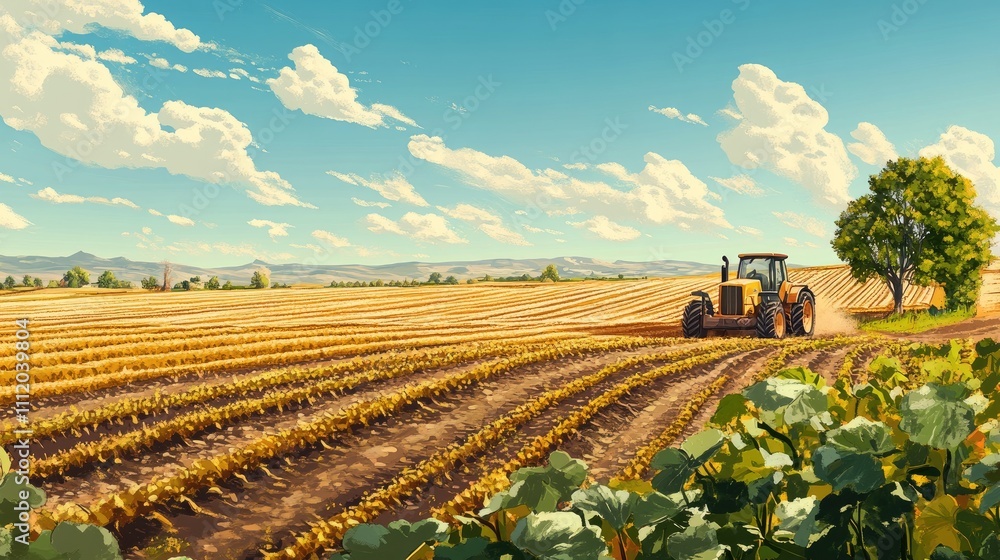 Tractor harvesting golden wheat field under a sunny sky. Tractor harvesting golden wheat field under a sunny sky.