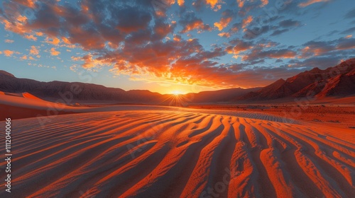 Orange desert sand dunes with mountains in the background and a fiery sunset sky. AI generative. .