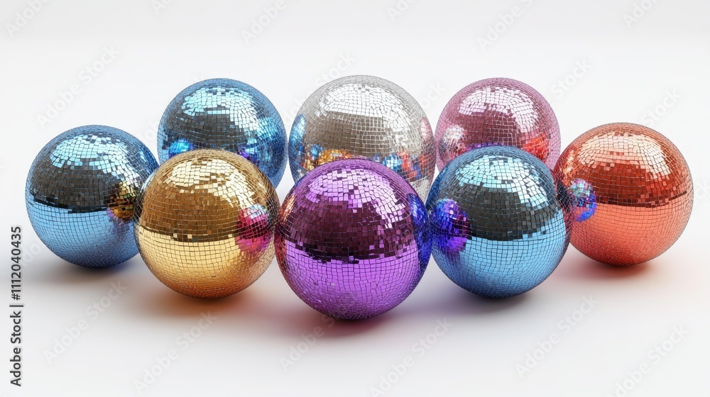 Disco Balls in Small Sizes Isolated on White Background. Generative AI Disco Balls in Small Sizes Isolated on White Background. Generative AI
