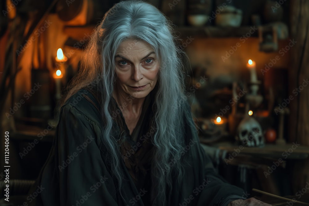 Fototapeta premium Mysterious woman with long silver hair seated in a dimly lit room filled with artifacts