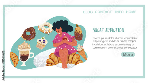 Landing page sugar addiction, the character of a woman sitting on a croissant clutching her heart, hand drawn vector illustration.