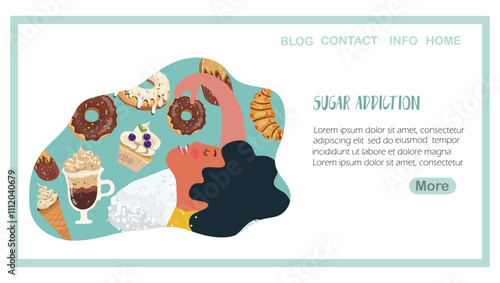 Landing page sugar addiction, hand drawn vector illustration.