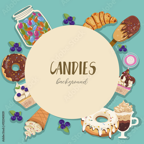 Background, frame, hand drawn sugar addiction, candies, sweets, hand drawn vector illustration.