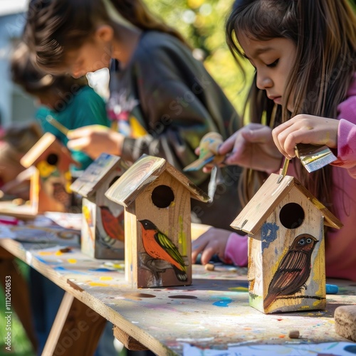 Community workshop teaching families how to build birdhouses and feeders to attract local species, children painting and decorating them with colorful designs photo