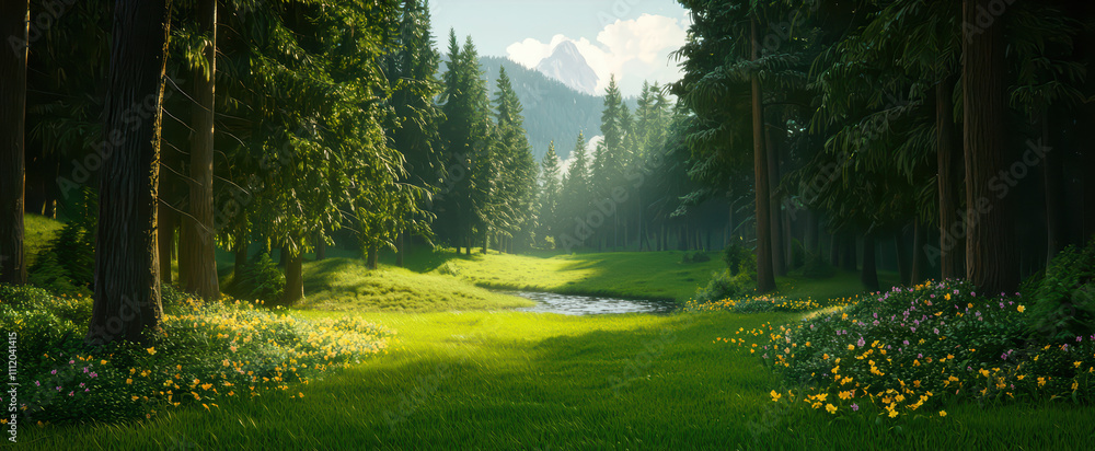 Obraz premium serene forest clearing with vibrant green grass, tall trees, and gentle stream. sunlight filters through leaves, creating peaceful atmosphere
