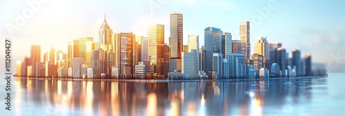 Modern city skyline with reflection in water. AI generative. .