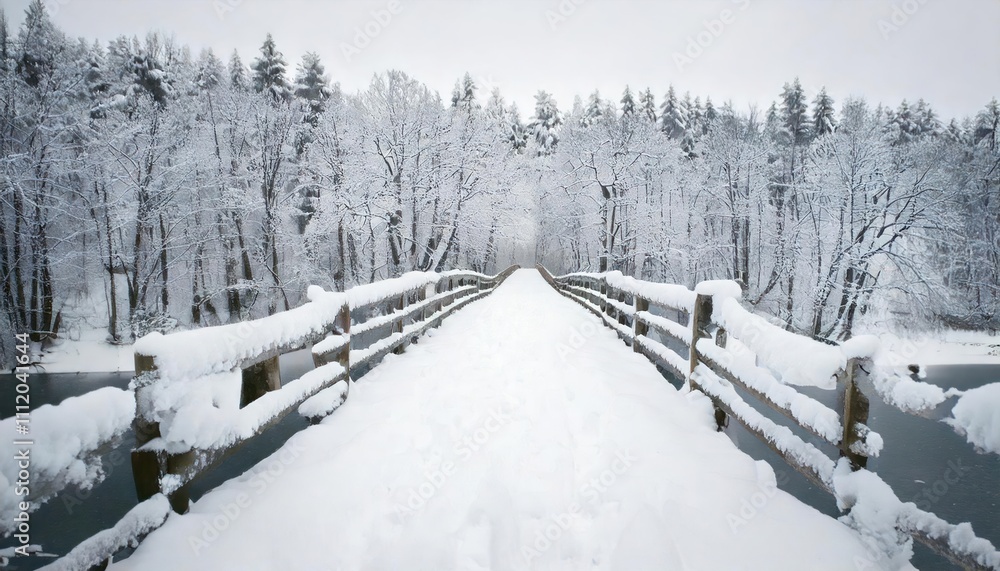Fototapeta premium Snowy, wooden bridge in a winter day. Stare Juchy, Poland 