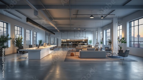 Modern office interior with large windows, exposed beams and a white counter. AI generative. .