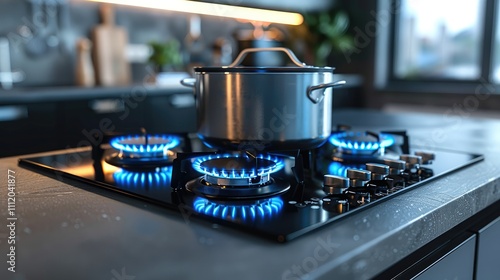 A modern stovetop with four burners, placed on a sleek countertop. One burner is lit with a vibrant blue flame, supporting a metallic pot that matches the size of the burner. photo