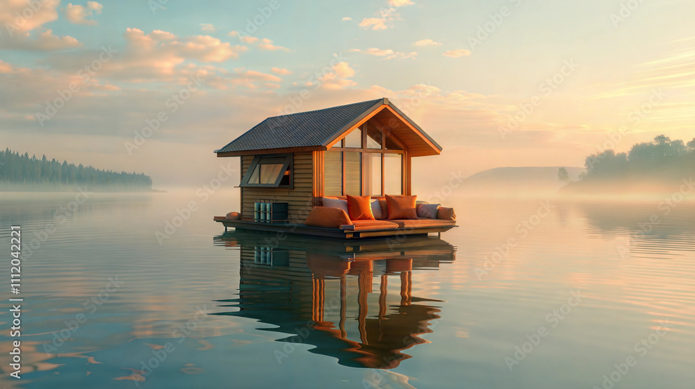Tranquil floating house on misty lake at sunrise Tranquil floating house on misty lake at sunrise