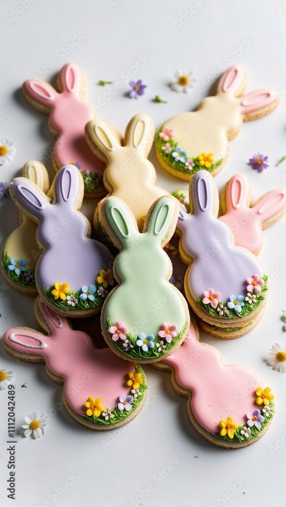 Bunny-shaped Easter cookies with pastel decorations Bunny-shaped Easter cookies with pastel decorations