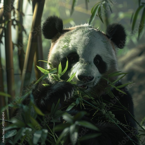 Endangered panda eating bamboo in a natural sanctuary, gentle lighting emphasizing the peaceful surroundings and conservation efforts dedicated to this species