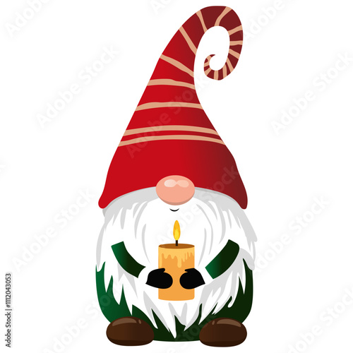 Cute Christmas gnome in a red hat. New Year and Christmas attributes and customs. Traditional winter holidays. Christmas gnome vector illustration. Scandinavian gnome isolated on white background