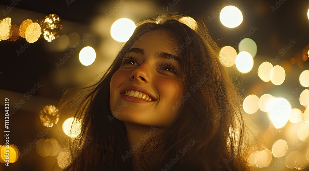 Radiant Beauty: Smiling Girl with Sparkling Eyes Amidst Magical Colorful Lights Radiant Beauty: Smiling Girl with Sparkling Eyes Amidst Magical Colorful Lights