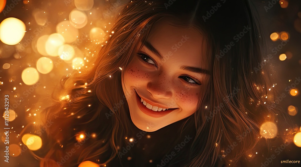 Radiant Beauty: Smiling Girl with Sparkling Eyes Amidst Magical Colorful Lights Radiant Beauty: Smiling Girl with Sparkling Eyes Amidst Magical Colorful Lights