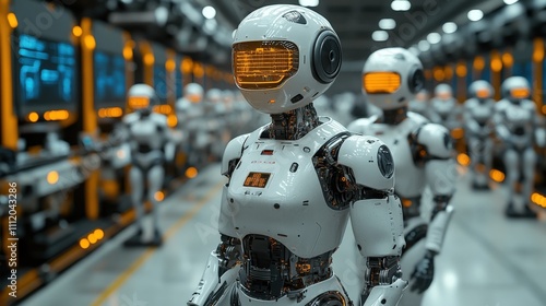 Wallpaper Mural Futuristic robots standing in a factory, showcasing advanced technology and automation in manufacturing. Torontodigital.ca