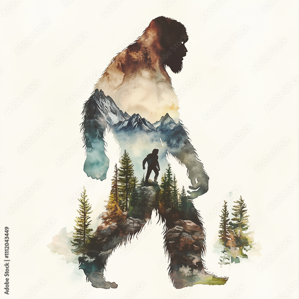 Obraz premium Double exposure of a Bigfoot Silhouette natural landscape blends together