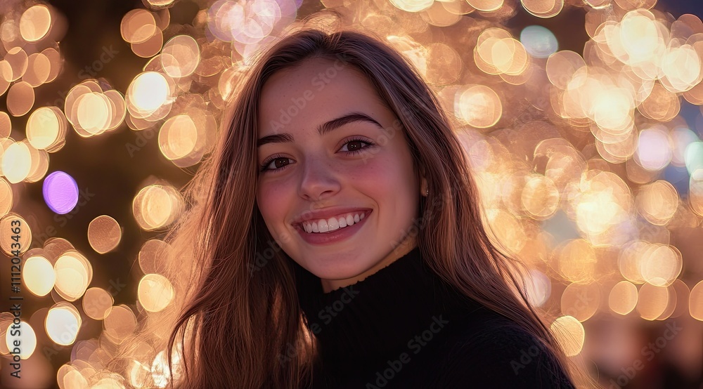 Radiant Beauty: Smiling Girl with Sparkling Eyes Amidst Magical Colorful Lights Radiant Beauty: Smiling Girl with Sparkling Eyes Amidst Magical Colorful Lights