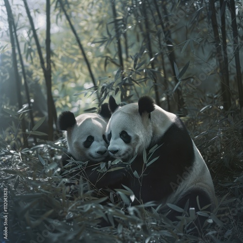 Pair of giant pandas sitting peacefully in a bamboo forest, surrounded by soft, natural light, highlighting their rarity and conservation efforts to protect them photo