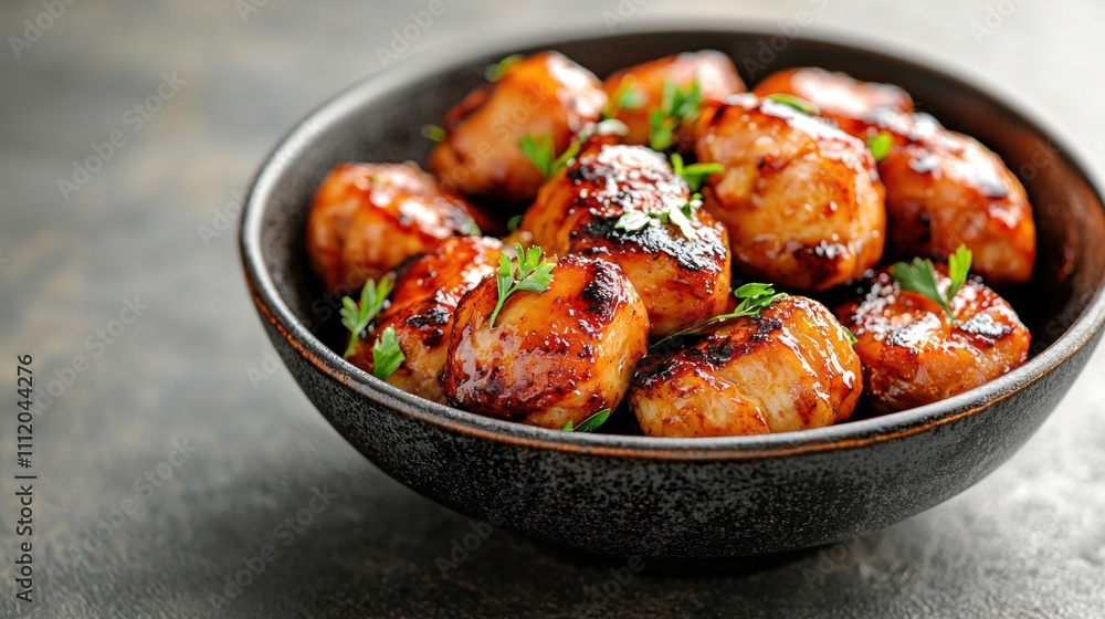 Close-Up of Filipino Chicken Adobo Dish in a Bowl with Fresh Herbs and Glaze Close-Up of Filipino Chicken Adobo Dish in a Bowl with Fresh Herbs and Glaze