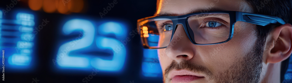 Focused man in glasses analyzing data in high tech environment. His intense gaze reflects digital screens around him, showcasing modern workspace Focused man in glasses analyzing data in high tech environment. His intense gaze reflects digital screens around him, showcasing modern workspace
