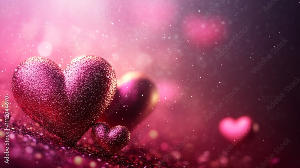 pink valentines day background with 3d shimmering hearts, copy space pink valentines day background with 3d shimmering hearts, copy space
