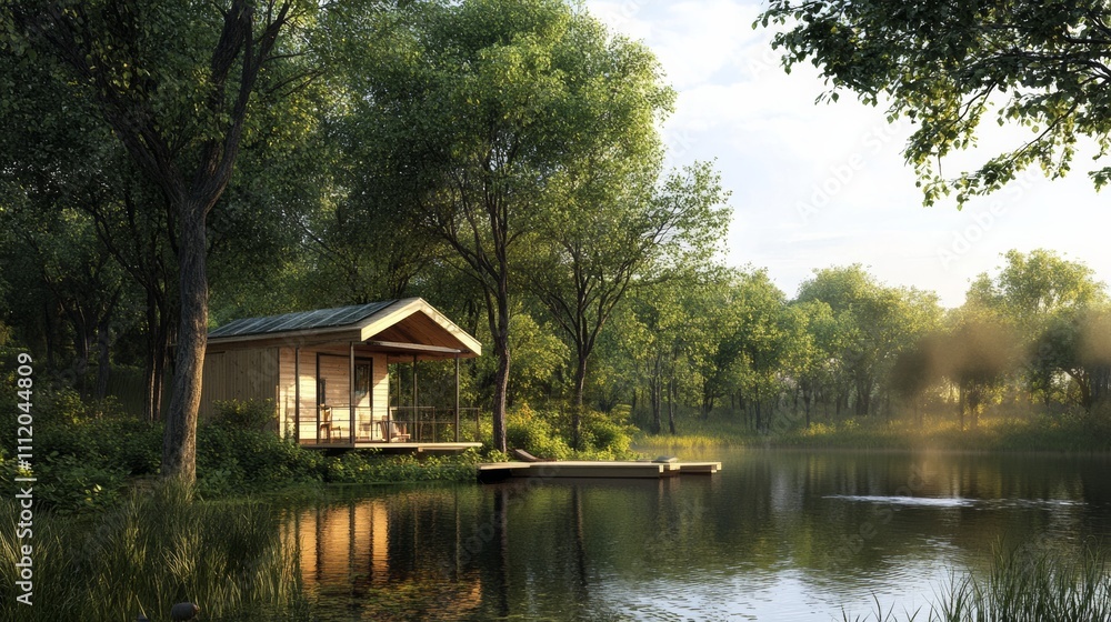 Obraz premium Solar-powered eco-hut nestled among trees, overlooking tranquil lake