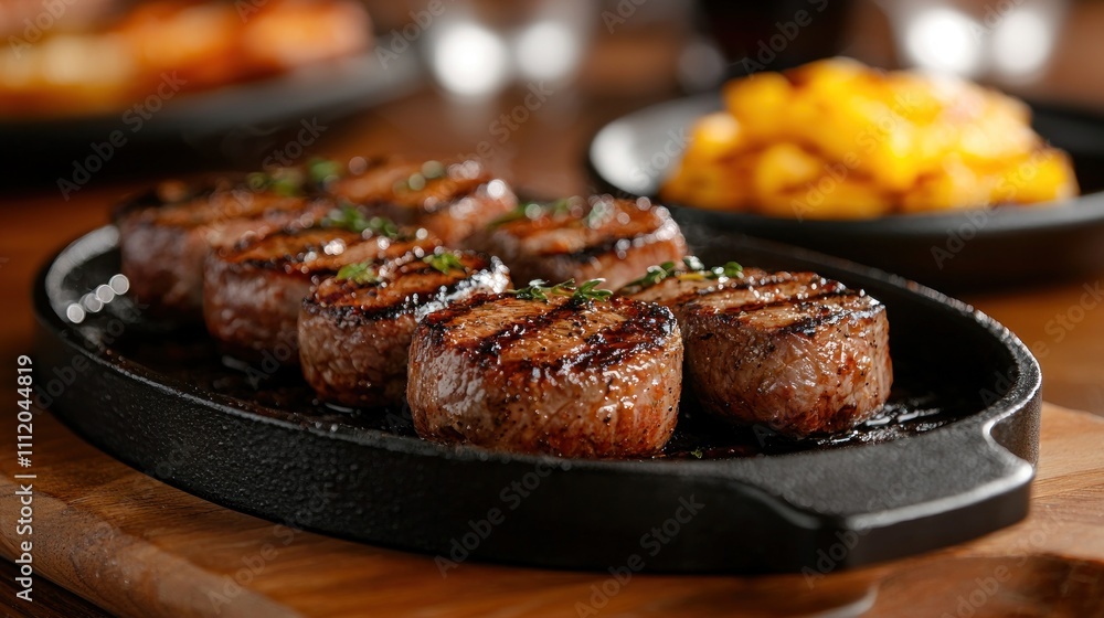 Close Up of Single Argentinian Dish Grilled Meat on Black Sizzling Plate Close Up of Single Argentinian Dish Grilled Meat on Black Sizzling Plate