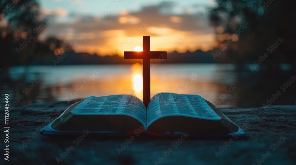 Wooden cross and open Bible on seashore at sunset, spiritual reflection, faith and prayer, peaceful ocean horizon, symbolic religious imagery, glowing sky. Wooden cross and open Bible on seashore at sunset, spiritual reflection, faith and prayer, peaceful ocean horizon, symbolic religious imagery, glowing sky.