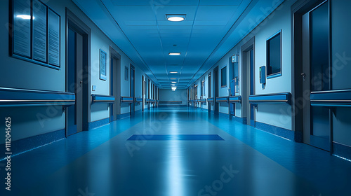 Exploring Hospital Corridor: Blue Hues, Silent Night