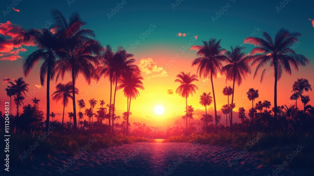 Tropical sunset with palm trees silhouetted against glowing horizon over calm ocean, exotic travel destination, serene seascape, beach vacation scene, natural beauty. Tropical sunset with palm trees silhouetted against glowing horizon over calm ocean, exotic travel destination, serene seascape, beach vacation scene, natural beauty.