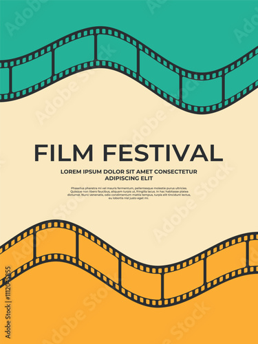 Film festival poster decorated with colored wavy film strips. Movie film poster design in retro style. Vector illustration