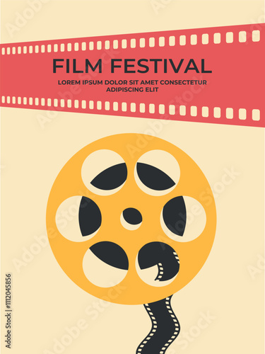 Film festival poster decorated with colored film reel with ribbon. Movie film poster design in retro style. Vector illustration
