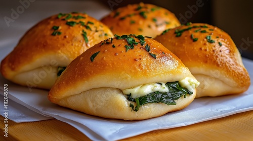 Soft Armenian boreg pastries filled with cheese, spinach, and herbs, ready to be torn apart. photo