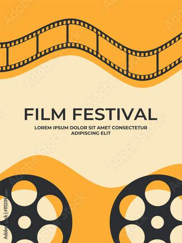 Film festival poster decorated with and wavy film strip and film reels. Movie film poster design in retro style. Vector illustration