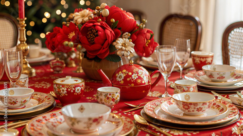 Elegant festive table setting with red floral china and gold accents. Lunar New Year