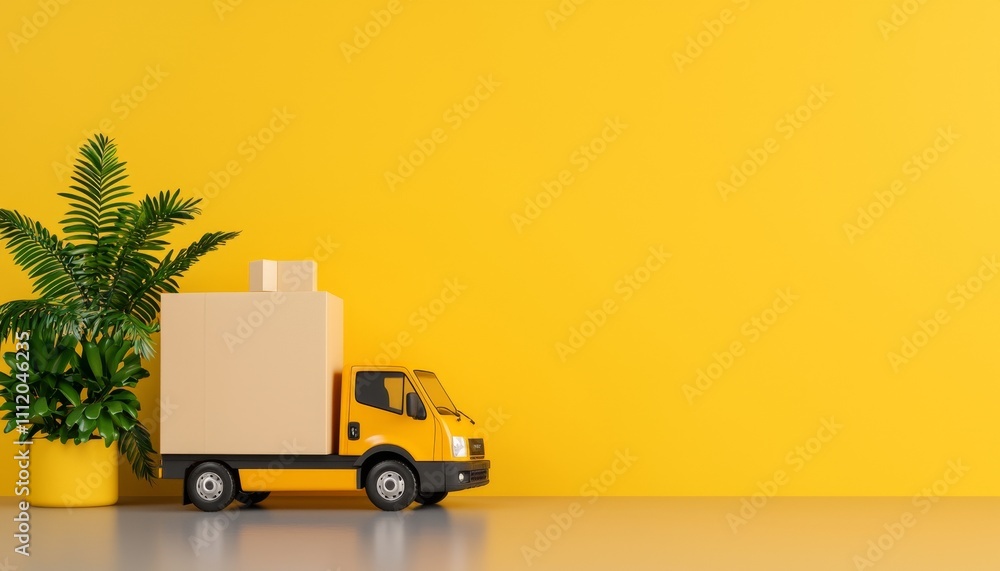 A vibrant yellow backdrop features a small truck carrying a cardboard box, alongside a lush green plant, creating a cheerful delivery scene. A vibrant yellow backdrop features a small truck carrying a cardboard box, alongside a lush green plant, creating a cheerful delivery scene.
