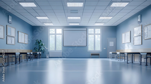 Empty Classroom Design: Modern, Minimalist, Blue