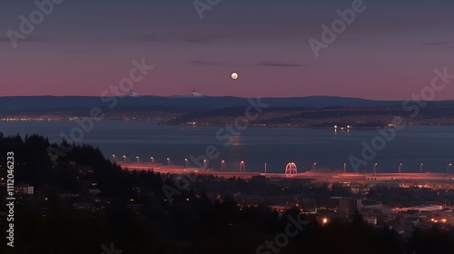 Twilight Cityscape Moonlit Mountains and Bridge