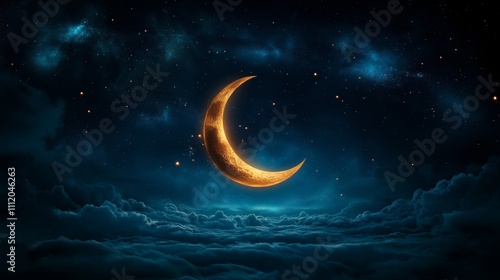 The moment of creation when God forms the moon and stars, the crescent moon shining in the dark and many stars