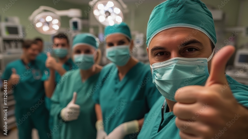 Group of Confident Doctors in Scrubs Giving Thumbs Up in Hospital, selective focus Group of Confident Doctors in Scrubs Giving Thumbs Up in Hospital, selective focus